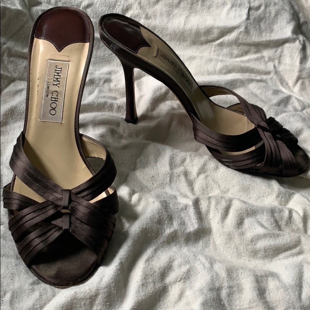 Jimmy Choo brown satin sandals with covered heels